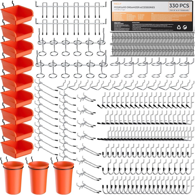 INCLY 330PCS Upgraded Pegboard Accessories Organizer Kit, Peg Board Hooks Assortment with Bins & Cups for Organizing Tools, Fit 1/8 or 1/4 inch Pegboard for Garage Workshop Wall Hanging Tools - Image 1